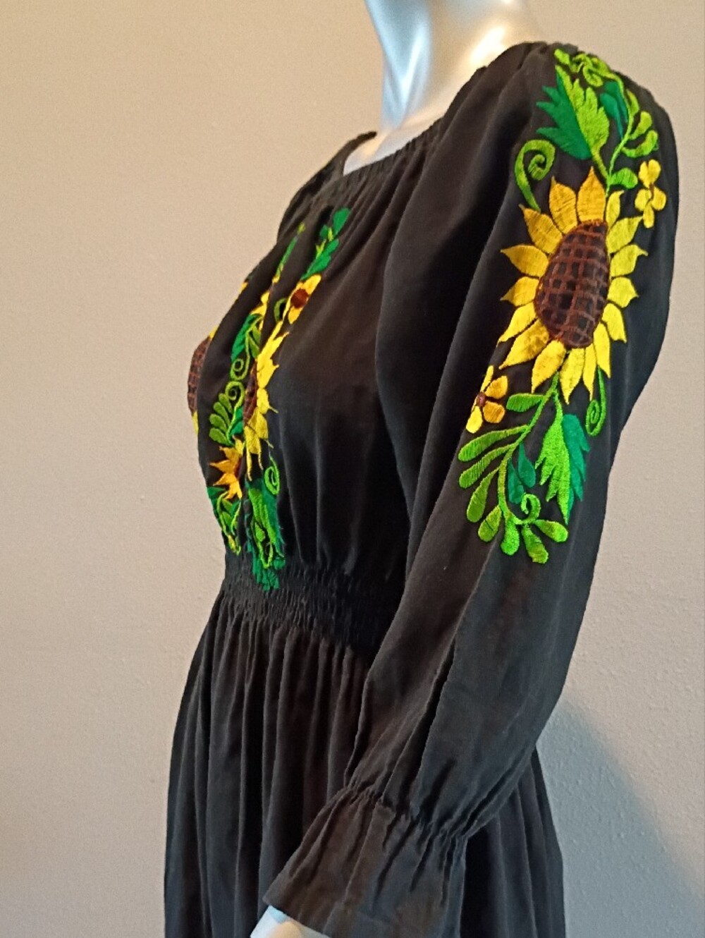 Sunflower Artisan-Embroidered Boho   Black Cotton Mini Dress Sz Med - Picture 7 of 12